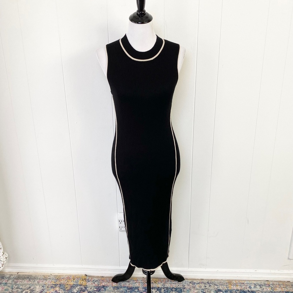 NWT Max Studio London Black Ribbed Knit Contrast Trim Midi Dress Size Small